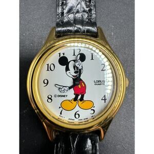 Lorus Mickey Mouse V500-6A70 Quartz Watch Water Resistant Black Leather Band